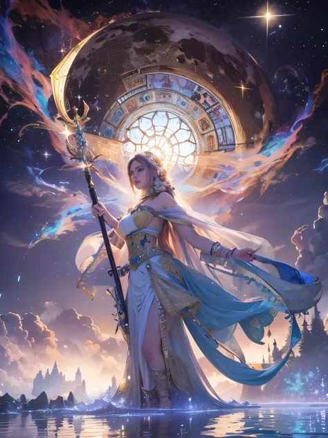 A powerful female protagonist on a floating island under a night sky filled with glowing ethereal clouds, shimmering stars, constellations, distant galaxies, and a colossal moon. She holds a staff with a glowing crystal, exuding cosmic energy. Her face is ...