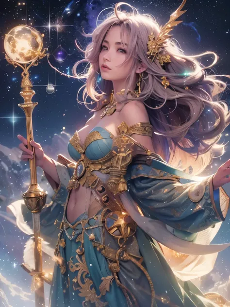 A powerful female protagonist on a floating island under a night sky filled with glowing ethereal clouds, shimmering stars, constellations, distant galaxies, and a colossal moon. She holds a staff with a glowing crystal, exuding cosmic energy. Her face is ...