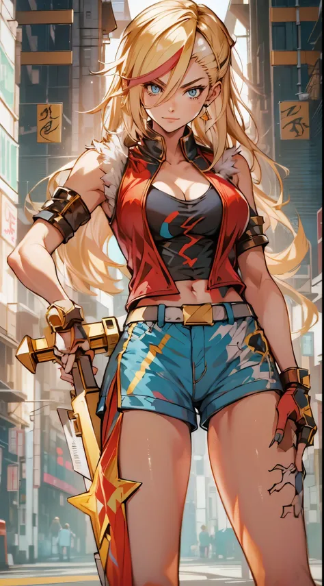 young girl, longue blonde hair, Hairpin with a bundle, turquoise eyes, Yakuza tattoos, red tight uniform, Sleeveless, Wide neckline on the chest to the abdomen, Gold Elements, Red gold armor, Shorts, claws, smirk, Masterpiece, hiquality, 4k, HD, Good detai...