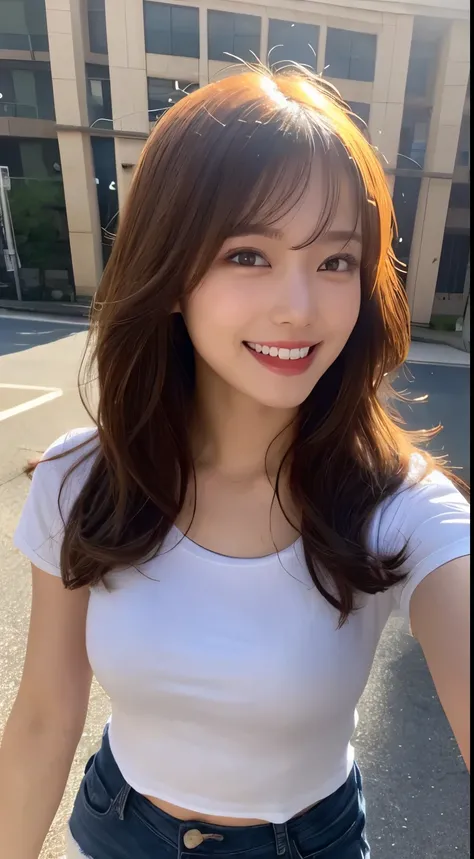 highest quality、8k、32K、Masseter muscle part、nffsw:1.3)、cute japanese girl、1 girl、long hair、profile、(crack your abs、slim body shape:1.2)、(lips) 、smiling showing teeth,（orange hair）、double eyelid、shiny skin、realistic rays of light、big、beautiful face、(laughte...