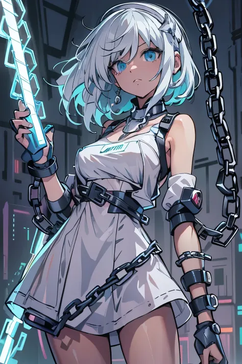 android girl,white hair,short and messy hair, purple neon eyes, holding a chain whip,chains on the hands,chains action, chains a...