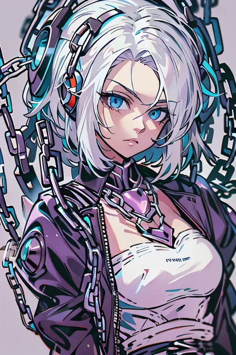 android girl,white hair,short and messy hair, purple neon eyes, holding a chain whip,chains on the hands,chains action, chains a...