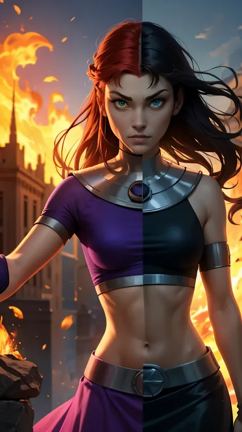 (masterpiece, best quality:1.2), Realistic, SplitScreen, split screen, starfire, orange skin, red hair, gorget, crop top, armlet, vambraces, midriff, skirt, purple skirt, Purple midriff, Green eyes:1.3, Eyes on Green Fire, Green Fire, SplitScreen, split sc...