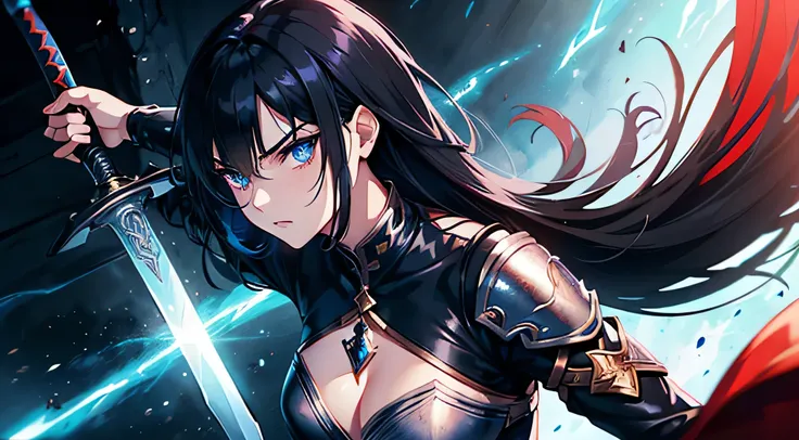 warrioress, black hair, square face, arched eyebrow, blue colored eyes, with a sword, fantasy setting, detailed outfit, wearing red, trace of magic everywhere, pose de warrioress. 