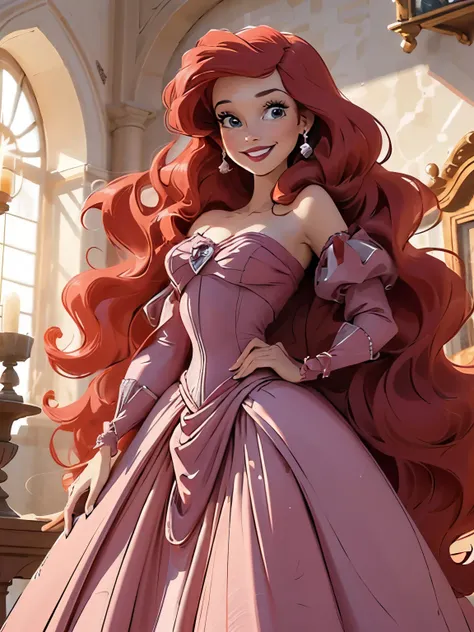 (best quality, masterpiece), 1girl, curly hair, wavy RED hair, wide smile, pink dress, with haute couture waves, ultra-defined lines, inside a castle, long hair, Poses,