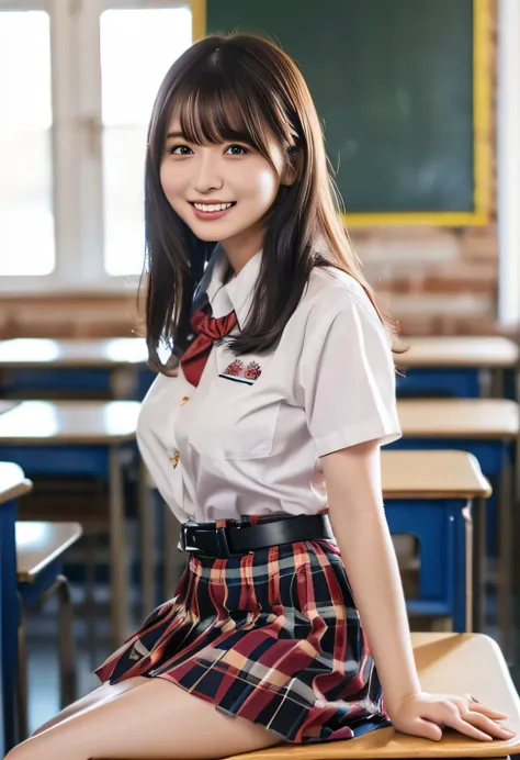 one girl, (sit on the desk and stick your ass out、school classroom、服の上からでもわかるvery large breasts、school white summer shirt、school...