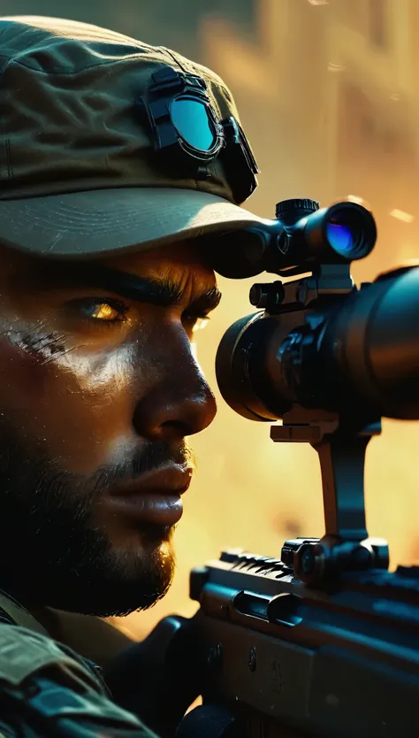 image from a sniper lens looking at his victim:1.5, A sniper aiming at a victim, first person view, like in video games, detailed portrait, realistic military uniform, highly detailed look, detailed facial features, sandy urban environment, lighting cinema...