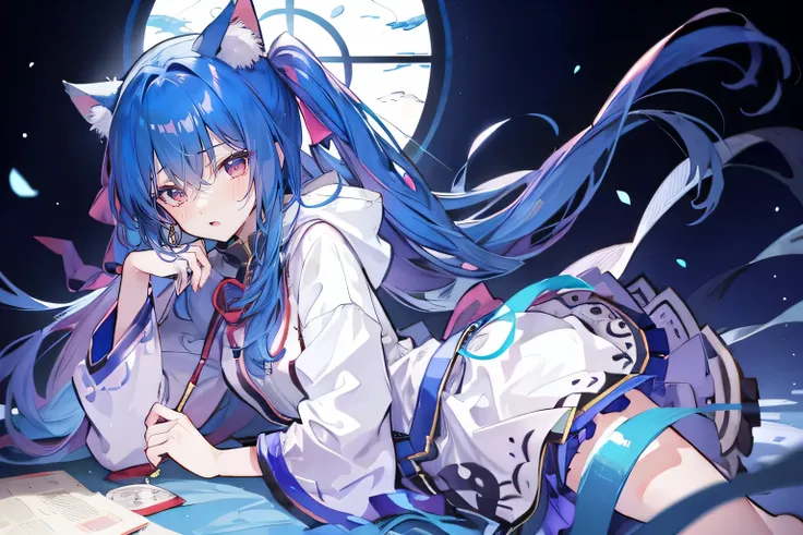 （masterpiece：1.2），Super detailed，lifelike，Expressive eyes，fair skin，perfect face shape，1 girl，
Japanese comics,Gorgeous blue hair,flowing blue hair,flowing clothes,Cat ears,Petals fall,beautiful lola,Baby Angel,
Shaking head with one hand，Cross your legs，G...