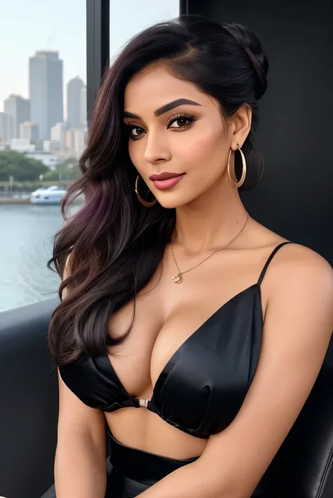 Create an ultra-realistic image of a modern, attractive female influencer of Indian descent, aged between 27 to 30. She should have a warm and inviting smile, expressive almond-shaped eyes with a slight shimmer, and clear, glowing skin with a medium brown ...