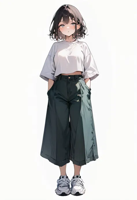 (masterpiece, top image quality: 1.2, 8k), centered, full length, one adult girl, cool fashion, wide pants, simple sneakers, sim...