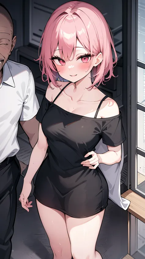 Short girl and black guy, A girl wearing a large plain pink T-shirt、Seducing viewers while watching them in the bathroom, View from above, Healthy Thighs,
, , (Wicked Smile:1.2), Off the shoulder, Short sleeve, Sunburn, Saucy, blush,Cuckold composition: m...