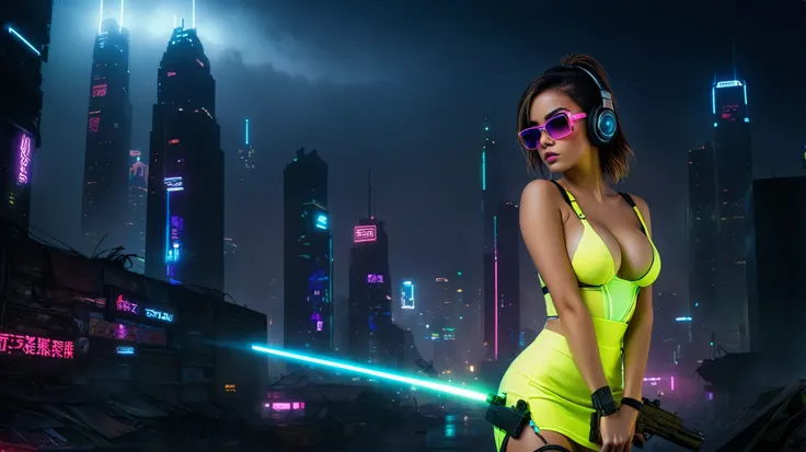 dark futuristic landscape, at night, neon lights, Atmospheric fog, large buildings in the background, futuristic city, streets with open shops, skyscraper (postapocalyptic city:1.3). (((1girl, solo, alone))), large-breast:1.2 slim body, cleavage:1.1, sexy ...