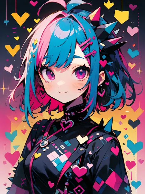 (chibi),beautiful, High resolution, masterpiece, high quality, Very detailed, shape:1.5) One girl,alone,heart hair accessory,heart,heart eye,Multicolored Hair,spike,Pink Hair,dress,black 襟,Multicolored background,Pink Eyes,Purple eyes,bangs,Blue Hair,Mediu...