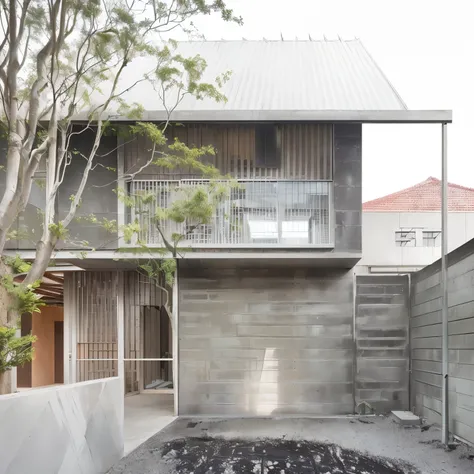 there is a small courtyard with a tree and a building, arsitektur nusantara, molten metal house, frontview, arhitectural shot, open wall architecture, arborescent architecture, concrete housing, minimalist, minimalist design, archdaily, concrete architectu...