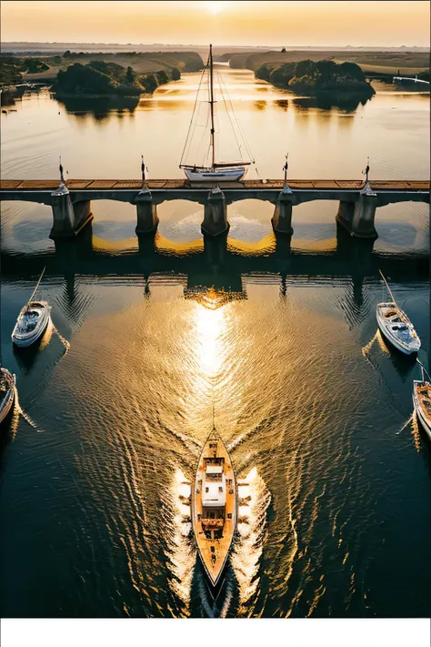 landscape, top view, a boat sails under the bridge, morning dawn, gold-brown orange and beige,mother-of-peal, realistic, ultra-sharp, highly-detailed. 