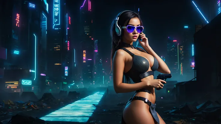 dark futuristic landscape, at night, neon lights, Atmospheric fog, large buildings in the background, futuristic city, streets with open shops, skyscraper (postapocalyptic city:1.3). (((1girl, solo, alone))), large-breast:1.2 slim body, cleavage:1.1, sexy ...