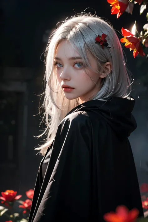 1girl,solo,1girl,solo,((beautiful detailed eyes)), (detailed light),depth of field,(white hair),silver eyes,hair over one eye,(red flower ), hair flower,long hair,black cloak,wet,emotionless,looking back,night,starfall,raining,fog,red flowers falling,sketc...