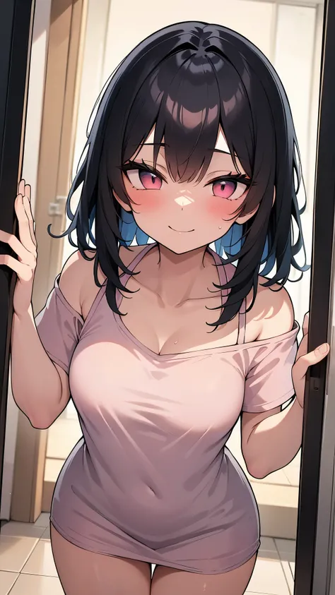 A young short girl and a big muscular black man, A girl wearing a large plain pink T-shirt、Open the front door and look at the viewer while seducing them, Thin thighs,
, , (Wicked Smile:1.2), Off the shoulder, Short sleeve、No underwear、Black Hair, Sunburn,...