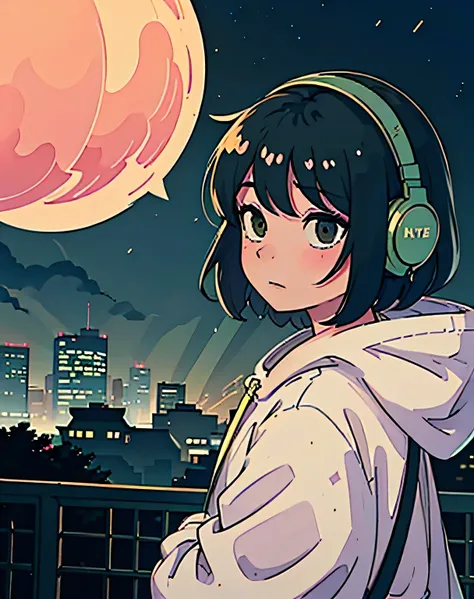 "With the cityscape at dusk as a background、A girl is sitting on an old park bench。headphone、Acoustic guitar、Girl、Short Hair、hoodie、green