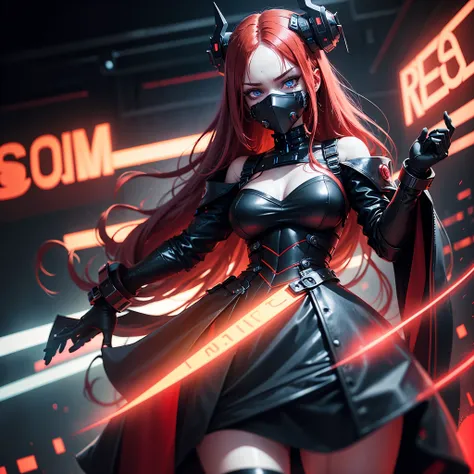 Girl Android demonic gloomy with long red hair she has a playful look she has a mask on her face a respirator she has a deep neckline and bare hips a woman with sexy hips half cyborg modification Beautiful fur blue eyes stands in full height Anime Style bl...