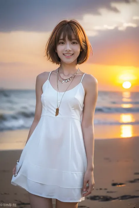 (Standing on the beach watching the sunset:1.5)、(A kind smile:1.5)、(18-year-old female:1.5)、(The best quality at its best:1.4), (Super detailed), (Very detailed CG unified 16k), Beautiful woman with perfect figure: 1.4, Sharp focus: 1.2, Very detailed, Hig...