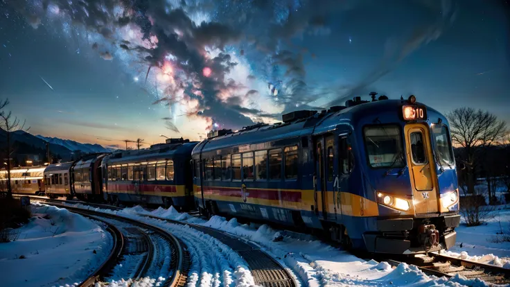 A train running on ice，Galaxy starry sky background，Japanese style，Vision