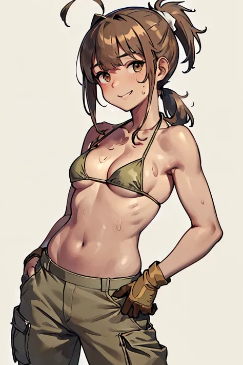 best quality, masterpiece, 1 mechanic girl, smiling, (wearing bikini-top, khaki cargo pants:1.4), gloves, (light brown ponytail hair with bangs:1.3), (sweating a lot:1.4), (contrapposto:1.3), (small breast, cleavage, underboob:1.2)