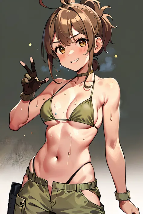 best quality, masterpiece, 1 mechanic girl, smiling, (wearing bikini-top, khaki cargo pants:1.4), gloves, (light brown ponytail hair with bangs:1.3), (sweating a lot:1.4), (contrapposto:1.3), (small breast, cleavage, underboob:1.2)