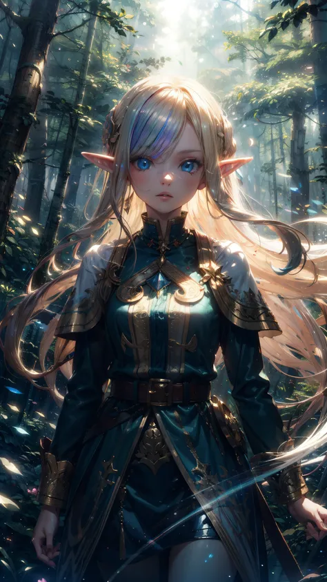 elf women,blond long hair,floating hair,forest,(volumetric light:1.5),(iridescent light:1.2),(glowing:1.2),cowboy shot, 