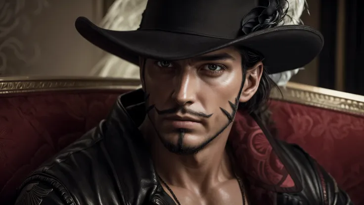 masterpiece, best quality, extremely detailed, hyperrealistic, photorealistic, a cool 40s man, ultra detailed face:1.2, extremed close-up shot, black hat with feathers, sitting sofa