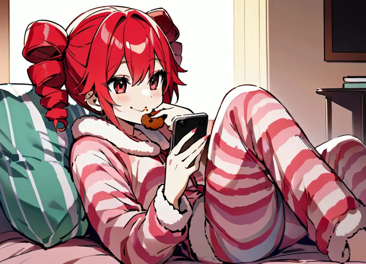 Red hair, smiling, loungewear, eating large amounts of cookies, looking at phone