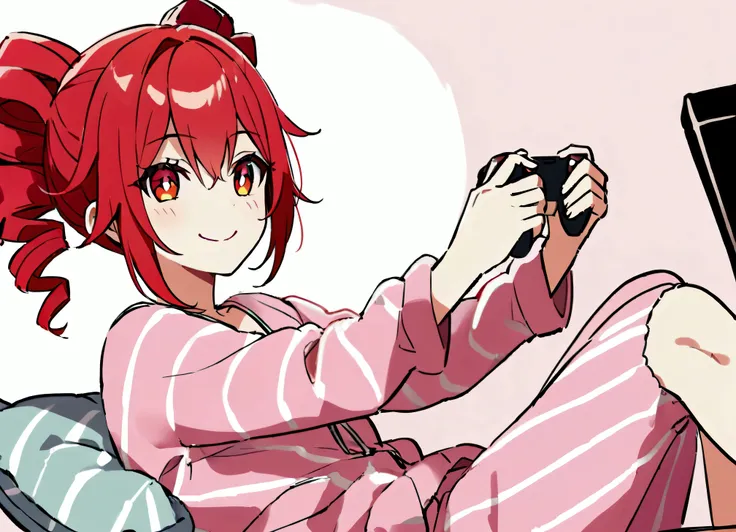 Playing video games.,Red hair, loungewear, smiling、