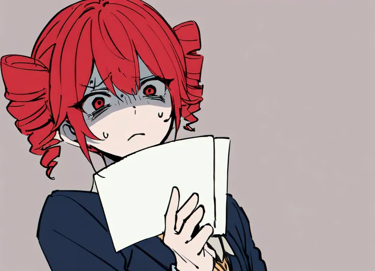 Red hair, school blazer, holding a white paper, desperate face,.