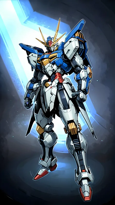 (masterpiece:1.5, best quality:1.5, extremely delicate:1.5), humanoid Mecha, fully enclosed shoulder guards, matching arm and leg guards, full body, full armor, the design balances heavy with agility, (the color scheme is primarily white with red and blue ...