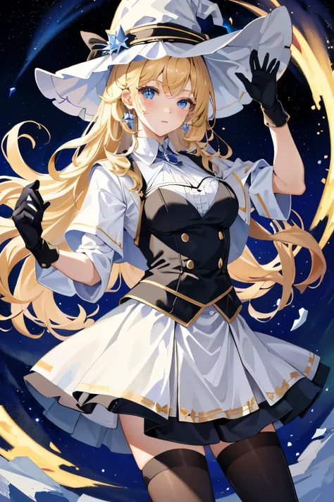 ((masterpiece:1.2, best quality)), 1 girl, solitary, (witch hat), blonde hair, long hair, skirt, aurora, night, star (sky), glov...