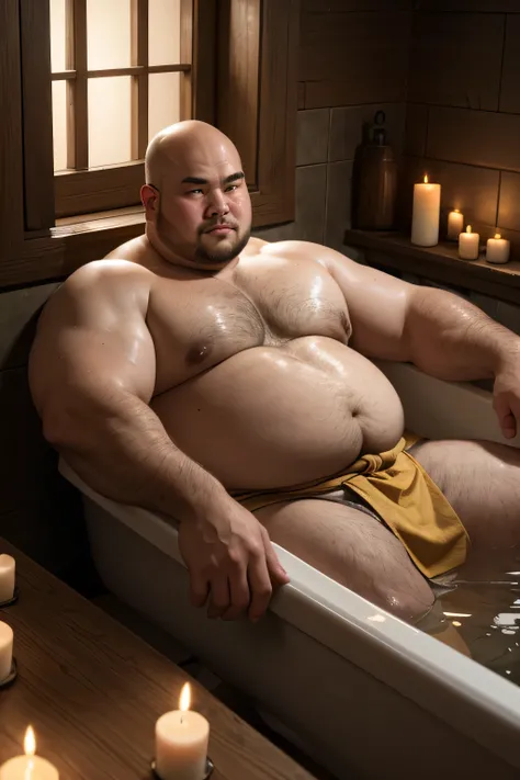 (8K, high definition, high quality, highly detailed) Handsome bald Chinese chub. obese. big tummy. bathing in a bathtub. wearing a loincloth. medieval style. d & d style. green and brown color palette. candles around the bathtub a bowl of fruits. a window ...