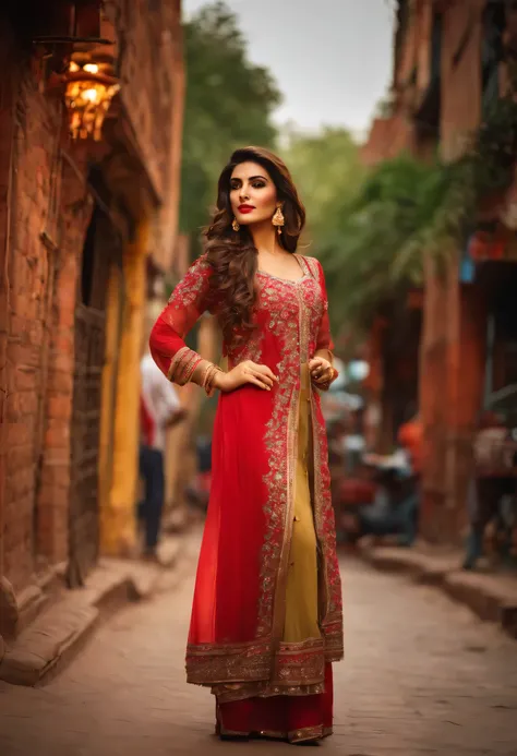 In traditional pakistani sexy dress, seductive pose, standing at lahore streets, side pose