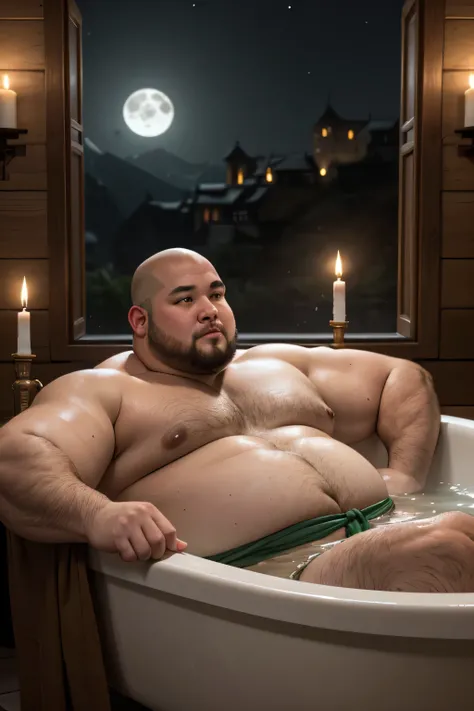 (8K, high definition, high quality, highly detailed) Handsome bald Chinese chub. obese. big tummy. bathing in a bathtub. wearing a loincloth. medieval style. d & d style. green and brown color palette. candles around the bathtub. a birthday cake with candl...