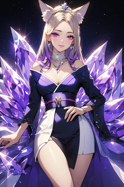 ((best quality)), ((masterpiece)), (detailed), detailed eyes, detailed hands, full-length body image, full-length image, female humanoid kitsune, wearing a short thigh length kimono, crystal crown on top of her head, purple hair, purple fox ears, 2 purple ...