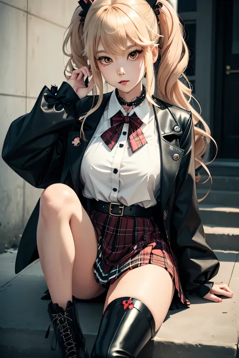 She has long, voluminous, light blonde hair styled into two large pigtails with wavy curls that are often adorned with hair accessories, such as a white bear and a black bear hair clip. Her eyes are a vivid, piercing blue.

Junko typically wears a  that ha...