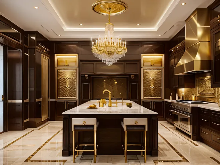 A luxurious kitchen room, opulent background with rich textures and colors, gold or silver accents, and a sense of exclusivity, fitting for high-end luxury products.