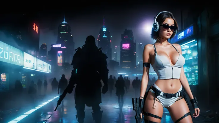 dark futuristic landscape, at night, neon lights, Atmospheric fog, large buildings in the background, futuristic city, streets with open shops, skyscraper (postapocalyptic city:1.3). (((1girl, solo, alone))), large-breast:1.2 slim body, cleavage:1.1, sexy ...