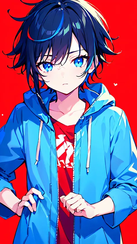 [(RED BACKGROUND:1.5),::5], ((((masterpiece)))), high quality, ultra very high resolution, full color, (((solo))), ((little boy)), BLACK hair, (Blue streaked hair), (oriental deepblue eyes), anime, ((upper body)), Summer clothes, neon light, black parka, 