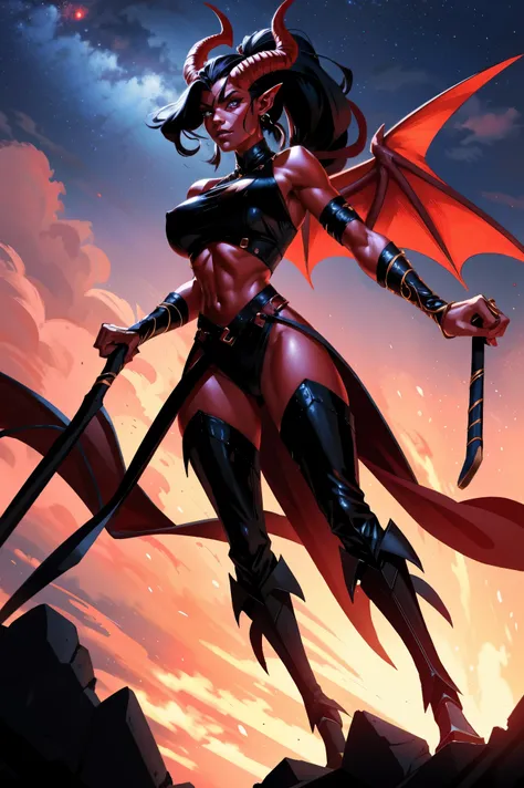 Red skin succubus tiefling, digitigrade legs, full breasts, huge breasts, black horns, wings, huge tail, black leather, crop top, long flowing pelvic curtain, tall, athletic, graceful, thin, long black ponytail. Action scene, whip. Dark scene, explosions, ...