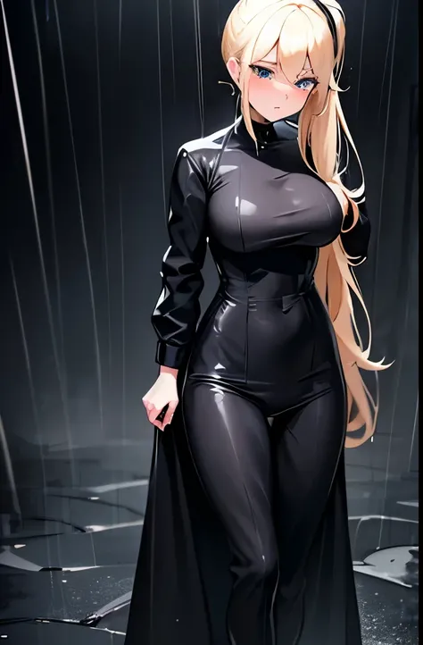 blonde,ponytail,He is wearing a long black raincoat over a tight black suit.,blue eyes,Large Breasts,thin,Serious face,blush,rain,forest,night,Downward,Gloomy face,Full body view,Trying to take off,