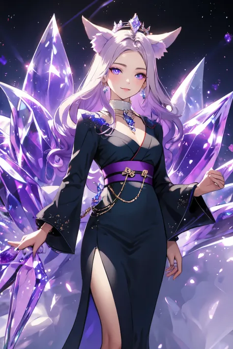 ((best quality)), ((masterpiece)), (detailed), detailed eyes, detailed hands, full-length body image, full-length image, female humanoid kitsune, wearing a short thigh length kimono, standing, crystal crown on top of her head, light purple hair, light purp...