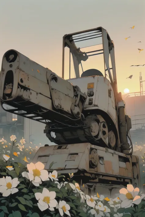 Detailed Machinery、Abandoned Factory、Atrium、(((White Flower Field)))、(((Rusty heavy equipment)))、Gorgeous light leaks、(((Sunset)))、fog、Detailed Background、Highest quality、(((No humans)))、Broken heavy machinery、Complex heavy machinery、Faint lighting、(((Flut...