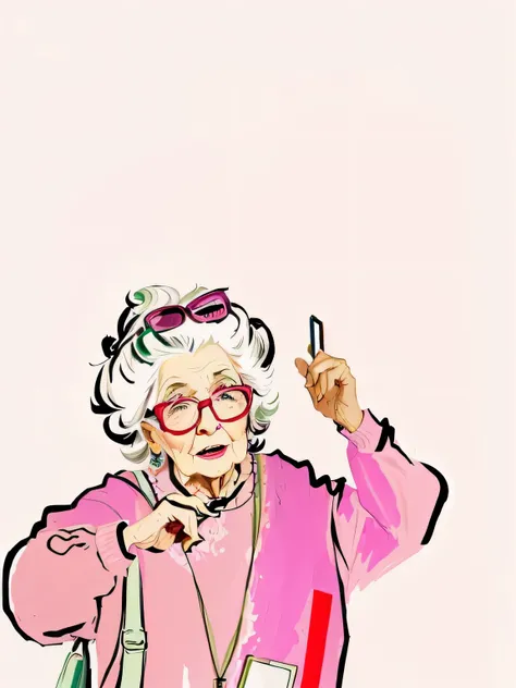 Cartoon of an old woman wearing glasses talking on a cell phone, Inspired by Elsie Few, author：Hugh Hughes, Harry Walker (Harry Volk) Clip art style, author：Hazel Armour, Use your fingers, Inspired by Hilda Anita Walker (Hilda Annetta Walker), old lady, In...