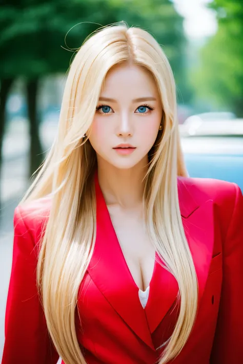 a 30-year-old Caucasian woman with long blonde hair, blue eyes, sharp features, wearing a red blazer Beautiful Korean K-Pop Idol Female Photos, summer, Amorous, Film Grain, Ilford HP5, 80mm