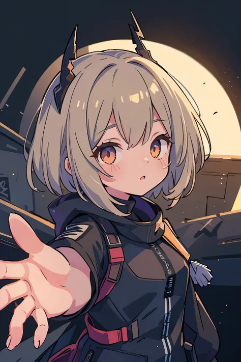 1girl, amiya (arknights), arknights, dirty face, outstretched hand, close-up, cinematic angle, foreshortening, dark, dark background, masterpiece, best quality